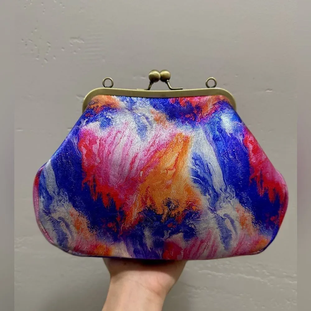 Iridescent Genuine Leather Handmade Vintage Style Kisslock Handbag, Crossbody